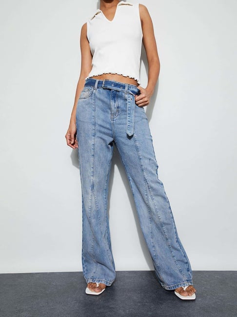 Ginger By Lifestyle Mid Blue Cotton Regular Fit Jeans