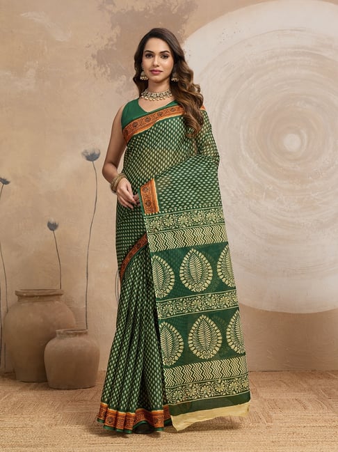 SHANVIKA Green Cotton Ethnic Motifs Saree Without Blouse Piece-picture-11