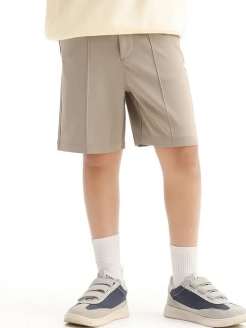 Rare Ones Boys Clas Dark Beige Cotton Solid Button and Zip Closure Regular Fit Shorts