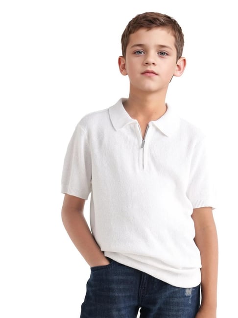 Rare Ones Boys Treo Off White Jacquard Zipper Closure All Over Print Regular Fit Polo T-Shirt