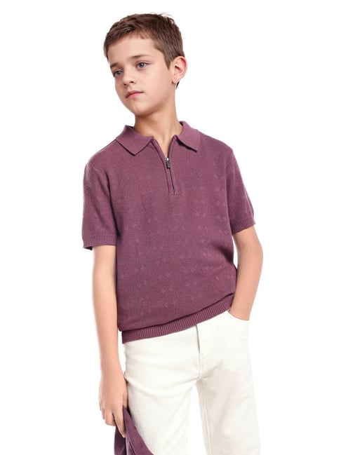 Rare Ones Boys Treo Dusky Purple Jacquard Zipper Closure All Over Print Regular Fit Polo T-Shirt-image-47