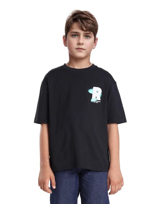 Rare Ones Boys Comet Black Cotton Printed Slip-On Oversized T-Shirt