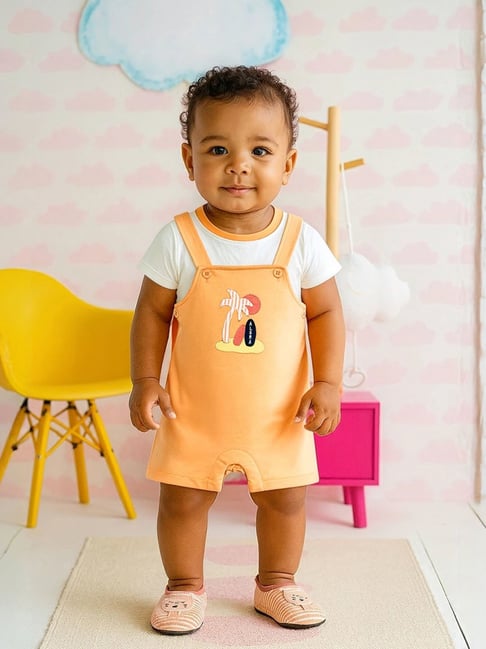 Miniklub Kids White and Orange Applique Dungaree Set