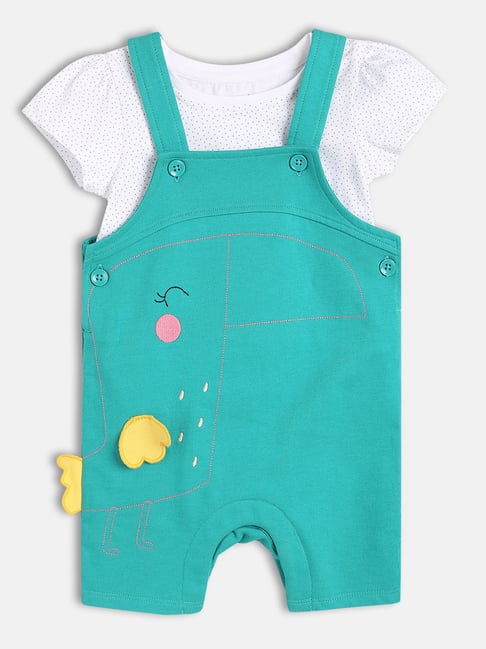 Miniklub Kids White and Green Applique Dungaree Set