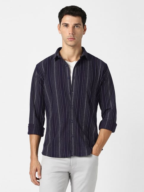 Van Heusen Navy Cotton Slim Fit Striped Shirt-picture-16