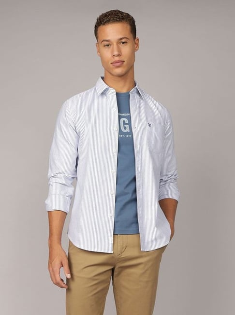 American Eagle Blue Cotton Slim Fit Striped Shirt