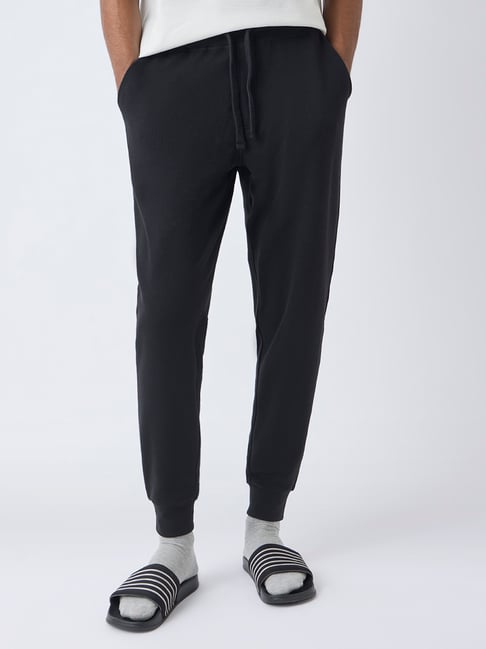 WES Lounge by Westside Black Relaxed-Fit Mid-Rise Cotton-Blend Joggers