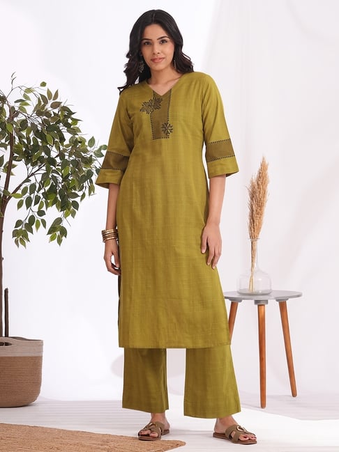 Kami Kubi Yellow Cotton Floral Three-Quarter Sleeves Kurta-picture-33