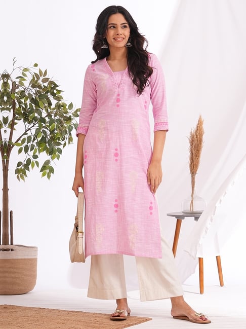 Kami Kubi Pink Cotton Geometric Three-Quarter Sleeves Kurta-picture-16
