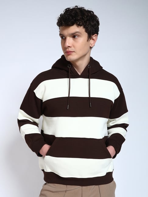 Perch Brown & White Cotton Striped Regular Fit Hoodie-picture-23