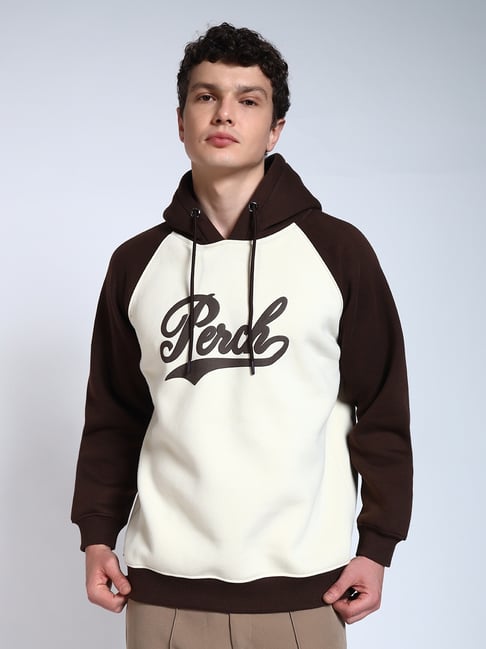Perch Brown & White Cotton Logo Regular Fit Hoodie-picture-18