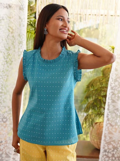 Jaypore Teal Blue Printed Regular Fit Top