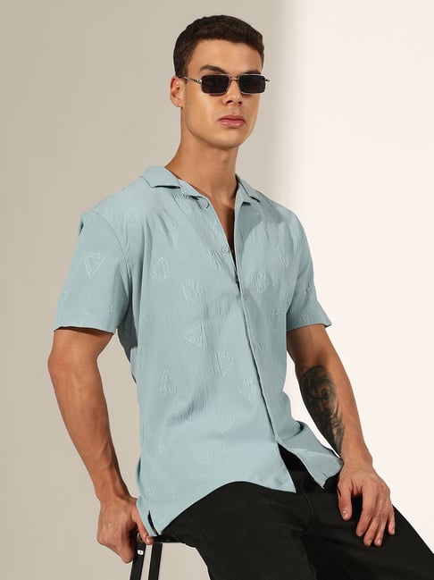 SHOWOFFFF Sea Green Cotton Relaxed Fit Geometric Shirt-picture-14