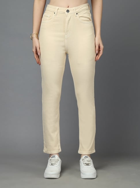 Style Quotient Off White Solid Regular Fit High Rise Jeans