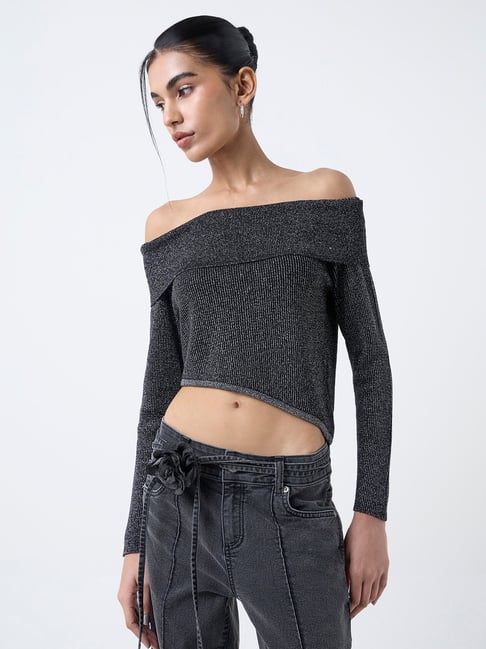 Nuon by Westside Grey Ribbed Off-Shoulder Top