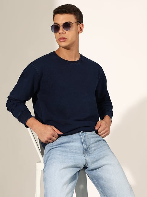 SHOWOFFFF Navy Blue Cotton Regular Fit Solid Sweatshirt