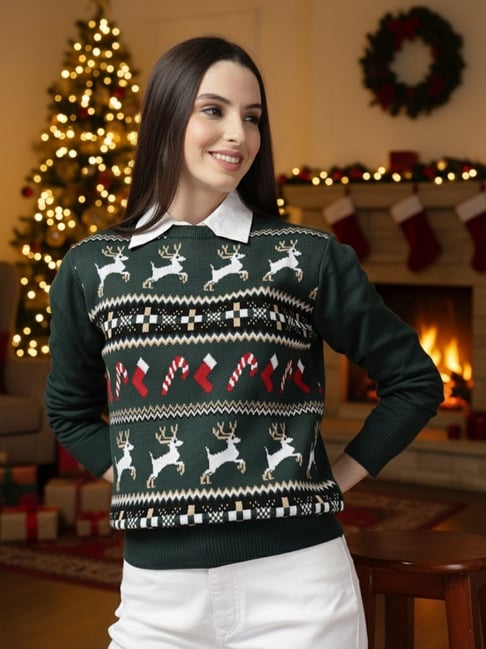 Style Quotient Green Cotton Woven Design Comfort Fit Sweater