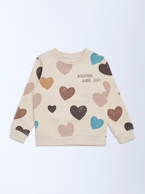 HOP Kids by Westside Beige Heart Printed Cotton-Blend Sweatshirt-picture-19