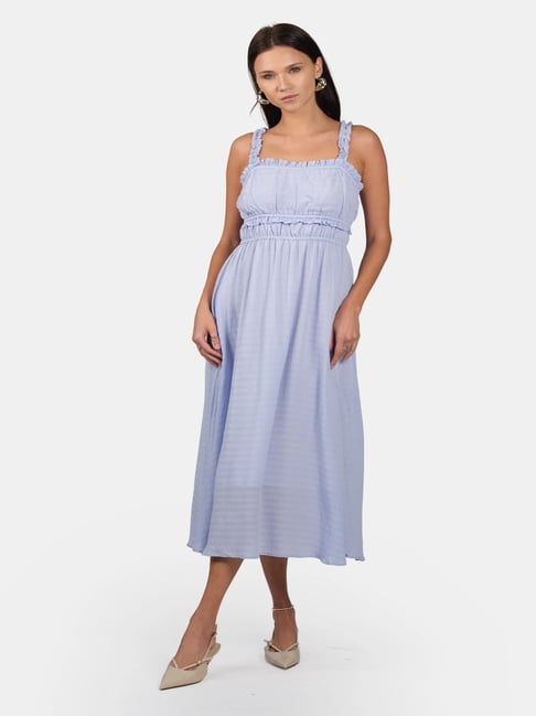 VIRGIO Light Blue Viscose Striped Fit & Flare Dress-picture-10