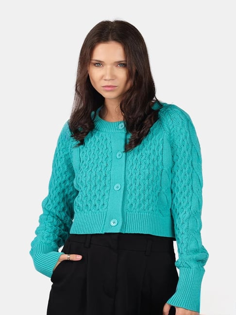 VIRGIO Light Blue Cotton Woven Design Cardigan-picture-14