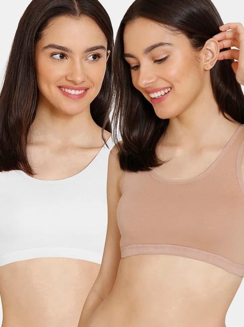 Zivame White & Beige Cotton Non Padded Non Wired Full Coverage Bra (Pack Of 2)-picture-31