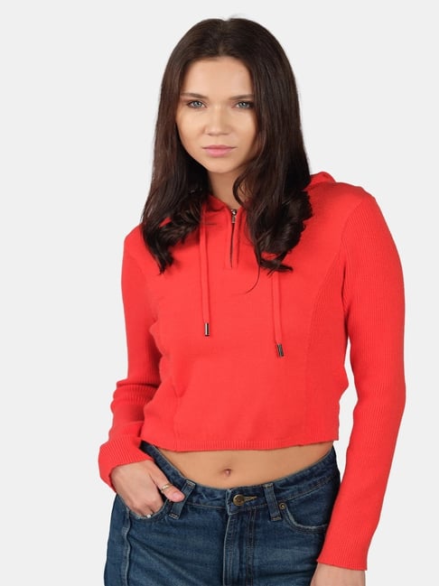 VIRGIO Red Slim Fit Viscose Crop Hoodie