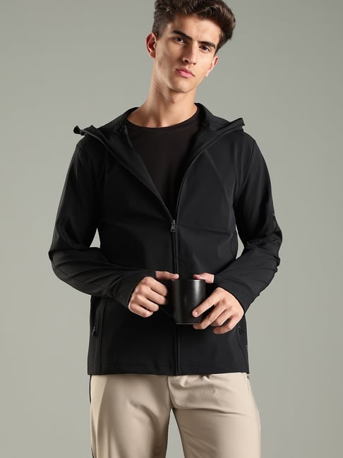 DOMIN8 Black Nylon Water Repellent Regular Fit Hooded Jacket with Thumb Hole