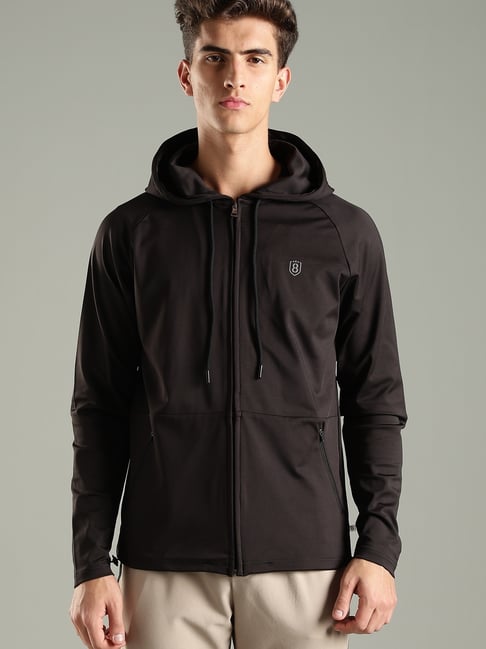 DOMIN8 Black Polyester Regular Fit Hooded Jacket with Inside Pocket