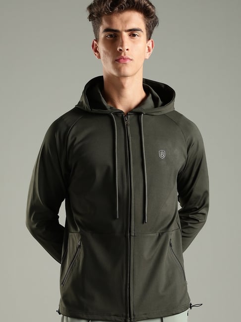 DOMIN8 Olive Polyester Regular Fit Hooded Jacket with Inside Pocket