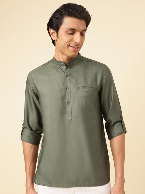 Fabindia Dark Green Slim Fit Woven Design Shirt-picture-42