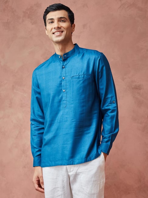 Fabindia Blue Slim Fit Woven Design Shirt-image-49