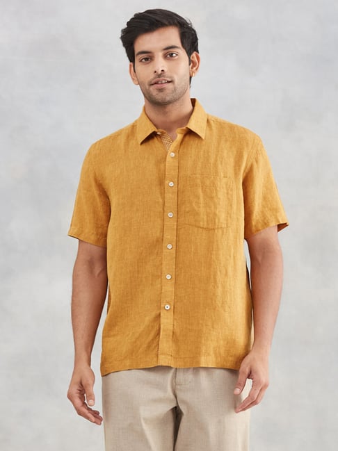 Fabindia Mustard Straight Fit Woven Design Shirt-picture-36