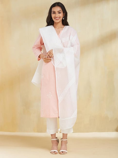 Fabindia White Embroidered Dupatta-picture-35