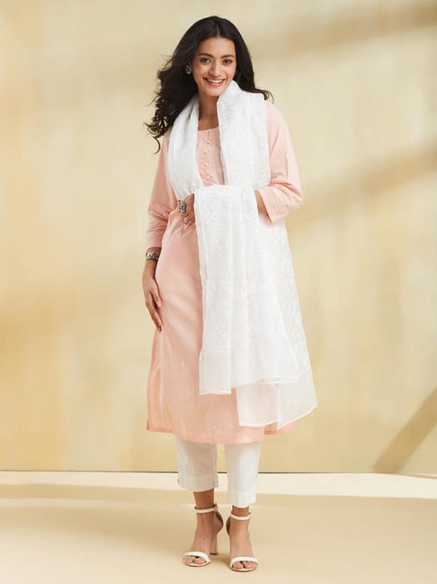 Fabindia White Embroidered Dupatta-picture-34