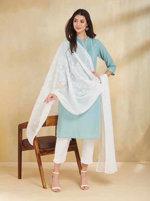 Fabindia White Embroidered Dupatta-picture-32