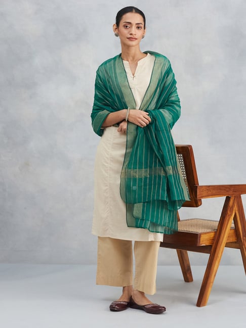 Fabindia Forest Green Woven Design Dupatta-picture-35