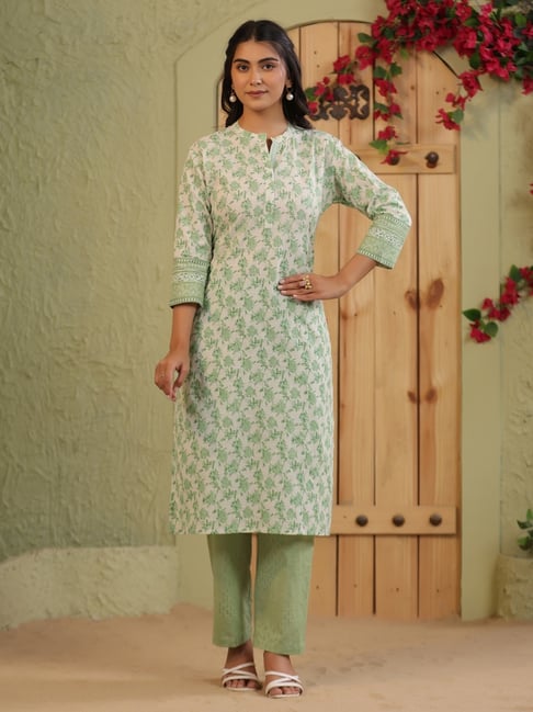 Span White & Green Cotton Printed Kurta-picture-20