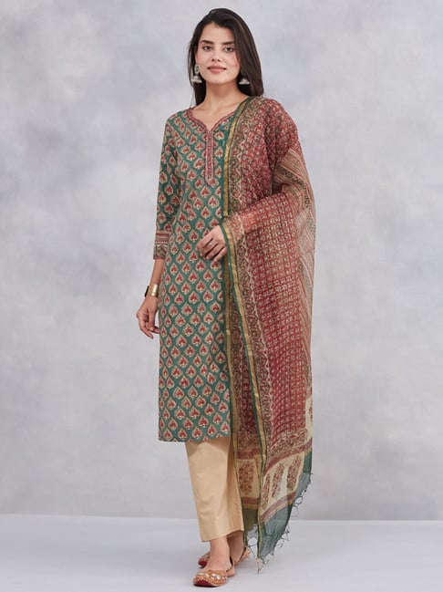 Fabindia Green Printed Three-Quarter Sleeves Kurta-picture-24