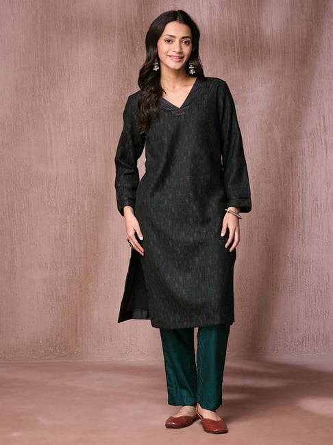 Fabindia Black-Green Woven Design Long Sleeves Kurta-picture-34
