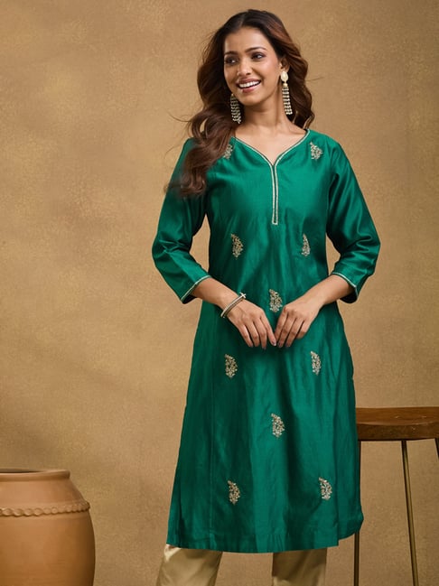 Fabindia Emerald Embroidered Three-Quarter Sleeves Kurta