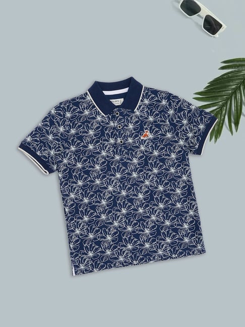 Pantaloons Junior Boys Nightshadow Blue Floral Print Polo T-Shirt