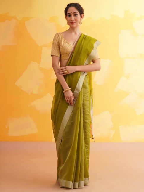 Jaypore Olive Green Hand Woven Saree with Blouse-image-20