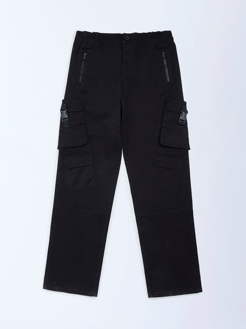 Y&F Kids Boys by Westside Black Cargo-Style Mid-Rise Cotton-Blend Trousers