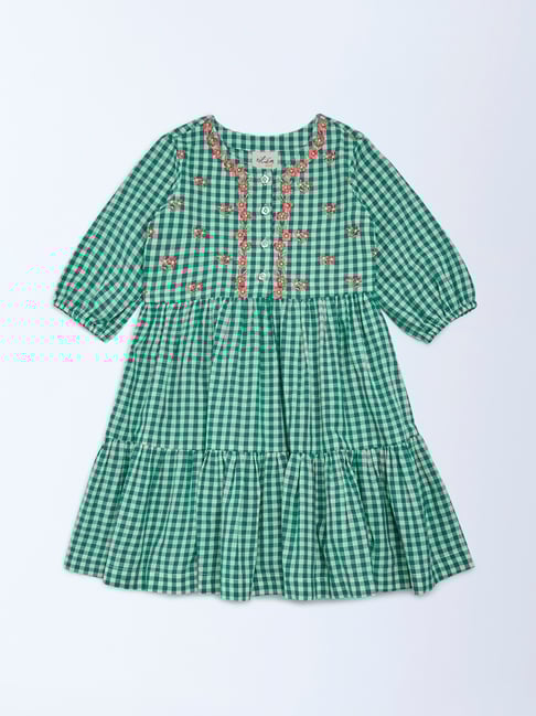 Utsa Kids Girls by Westside Green Gingham Checks Tiered Cotton Dress