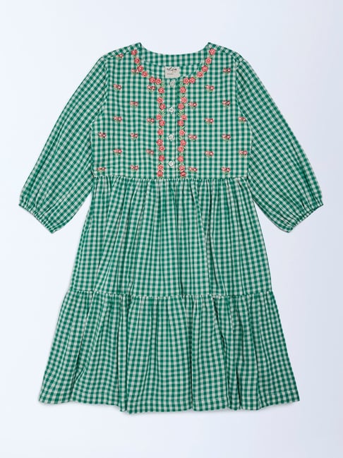 Utsa Kids Girls by Westside Green Gingham Checks Tiered Cotton Dress