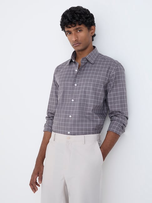 WES Formals by Westside Charcoal Checkered Relaxed-Fit Cotton Shirt