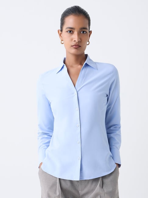 Wardrobe by Westside Blue Solid Cotton Shirt-picture-46