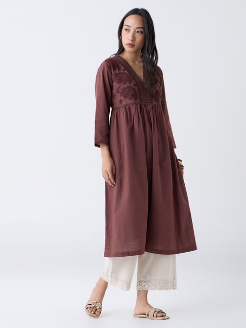 Utsa by Westside Dark Brown Embroidered Fit-and-Flare Cotton Kurta-picture-11