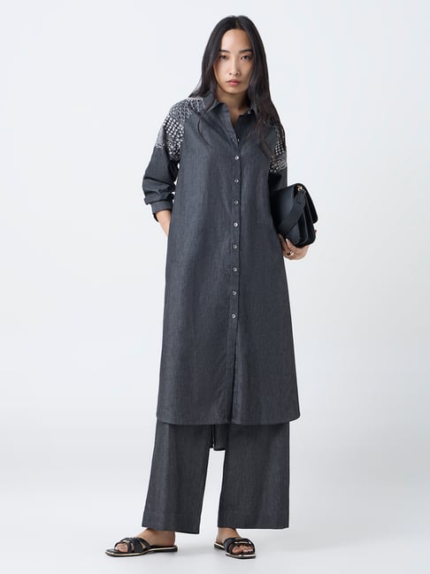 Utsa by Westside Black Embroidered Denim A-Line Kurta-picture-12