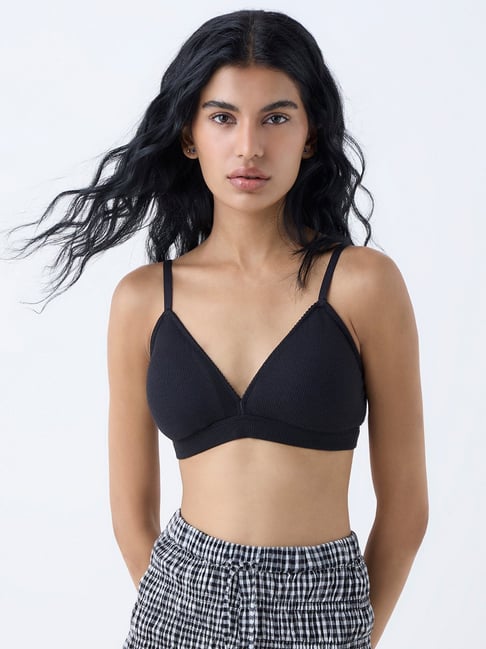 Superstar by Westside Black Waffle-Textured Padded Cotton-Blend Bra